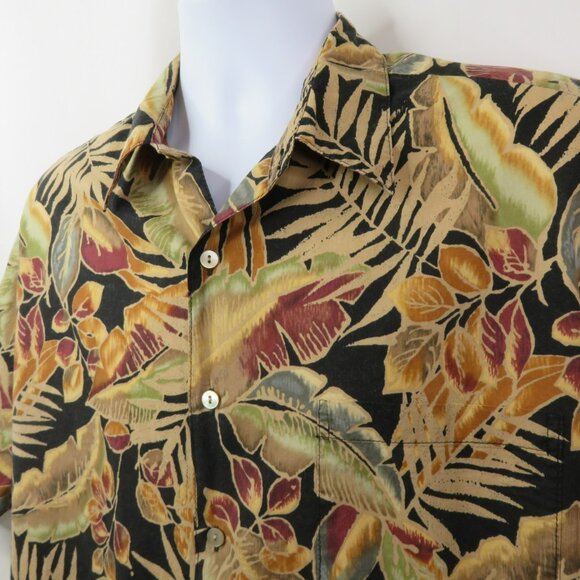 Tori Richard Hawaiian Shirt Mens L Aloha Leaves on Black Made Hawaii Cotton Lawn - Picture 1 of 10